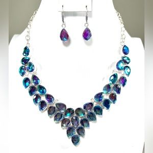 🌈🔥 Rainbow Fire Topaz Blue Green Purple 925 Large Necklace & Earrings